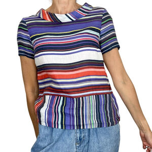 KOAN Italy 100% linen purple multi colour striped short sleeve top EU 42